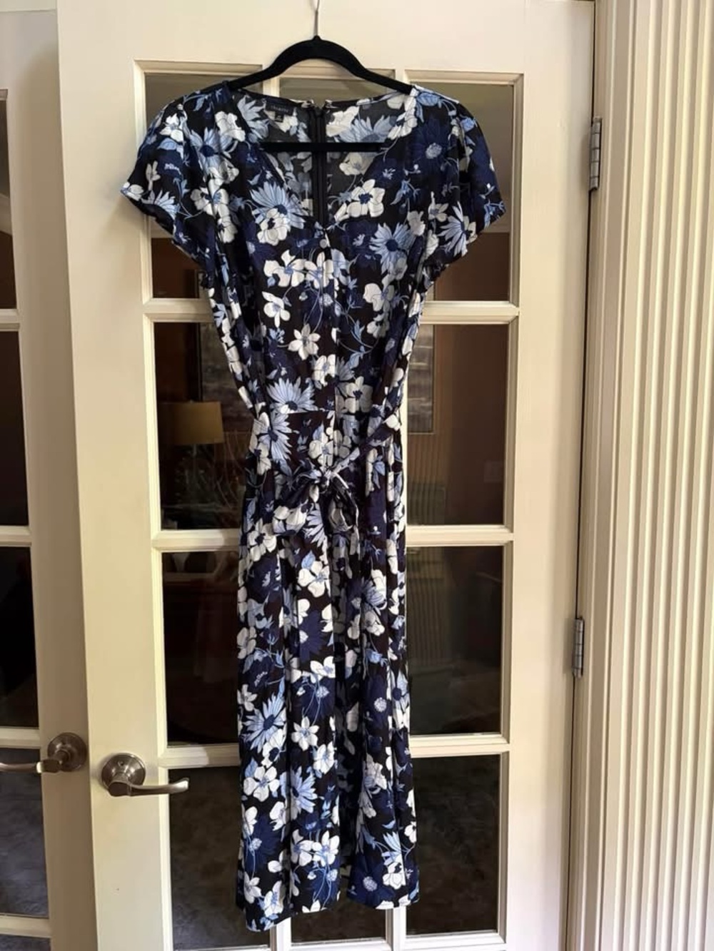 Talbots size 14 Navy Blue & White Floral Midi Dress